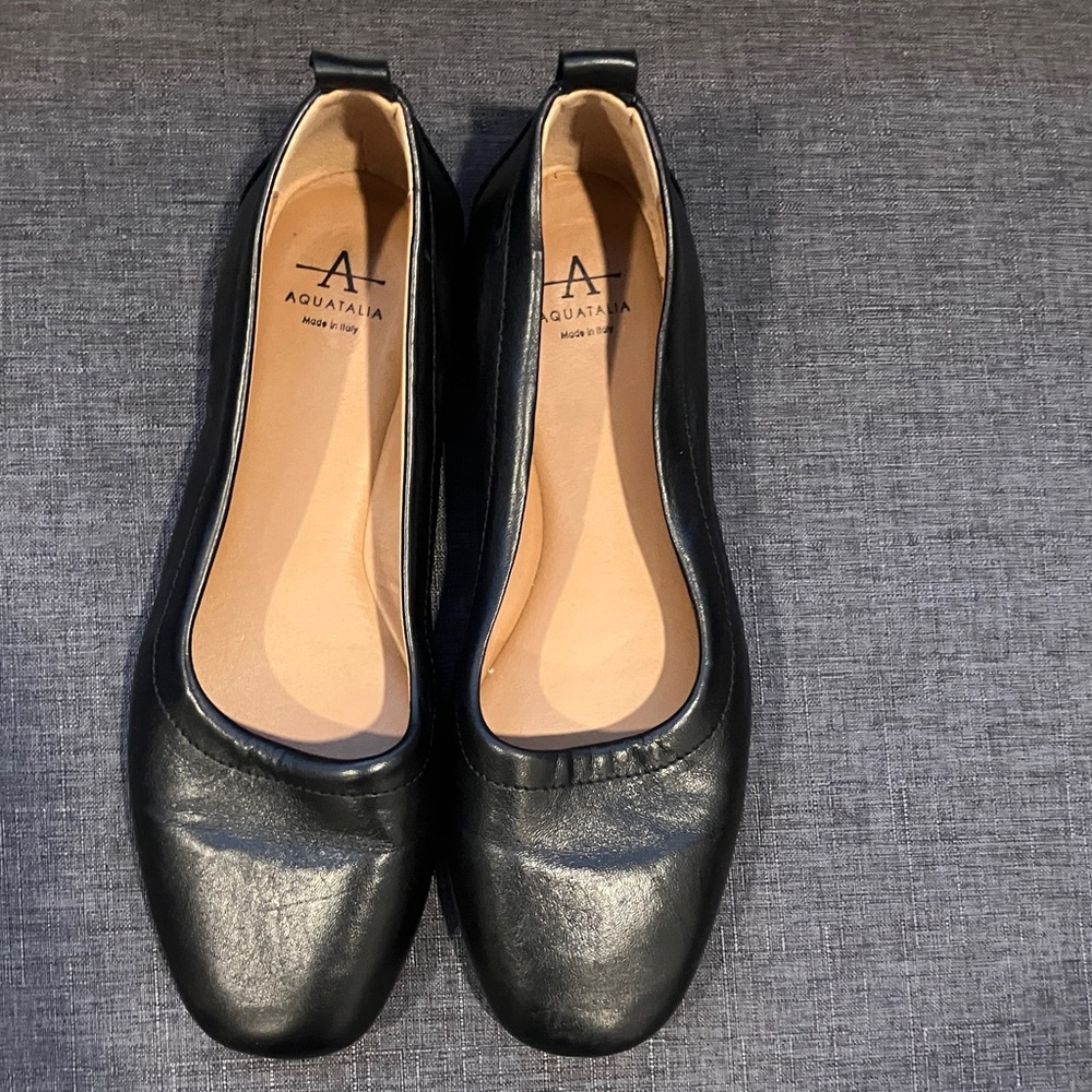 NWT Aquatalia Black Leather Square-Toe Ballet Flats